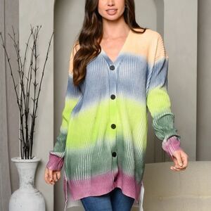 NEW! Women's Long Sleeve Color Block Ombre Long Button Cardigan Sweater Boho